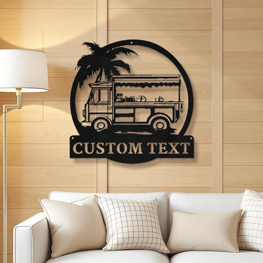 Custom Tropical Food Truck Tin Sign Handmade Palm Tree Design for Restaurant Beach Bar Outdoor Wall Decor