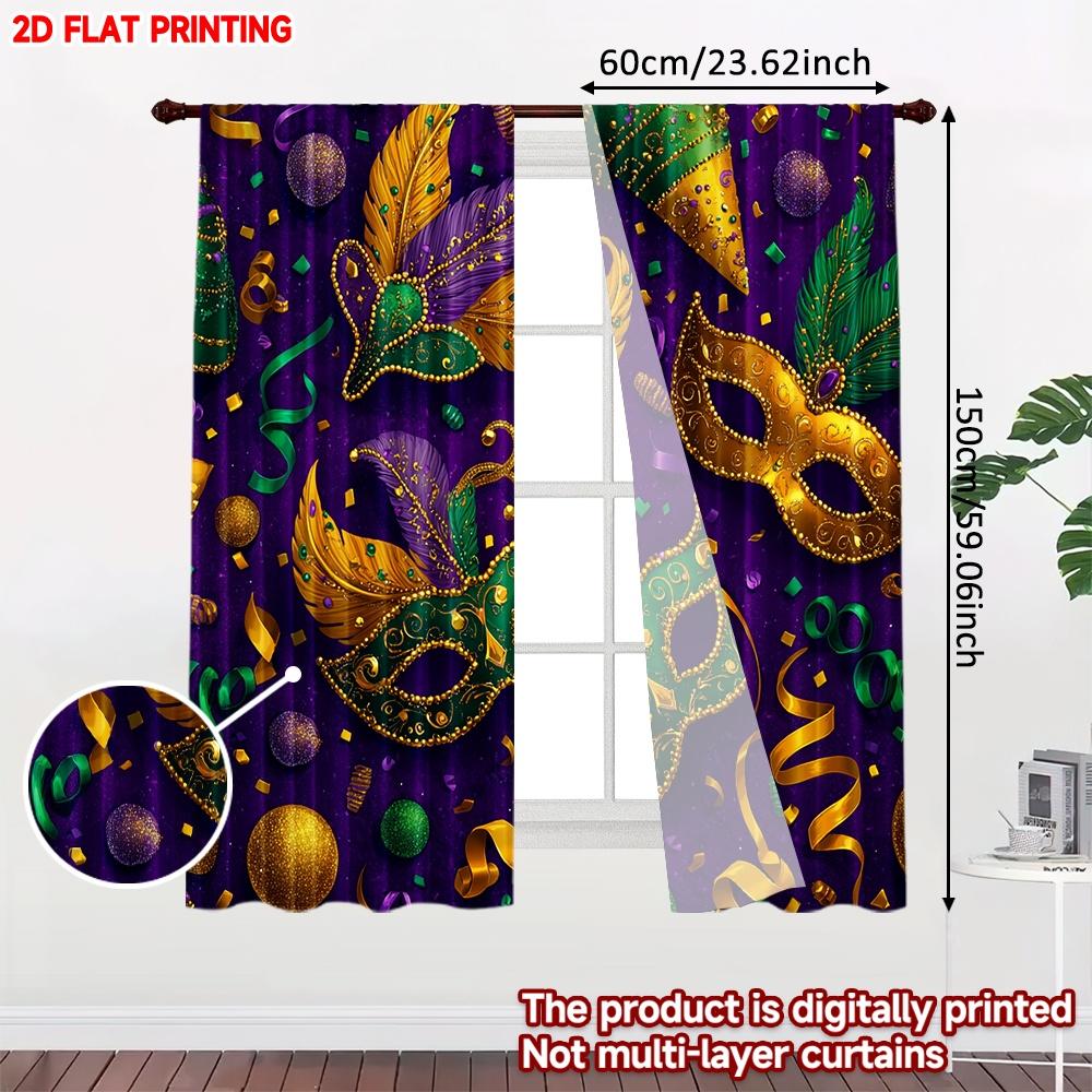 2D Flat Printing 2pcs Curtain Drapes Mardi Gras Festive Masks Digital Printed Polyester Drapes Family Party Decoration Perfect