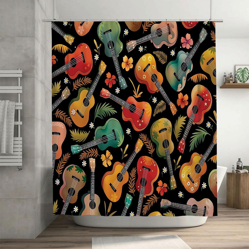 Hawaiian Shower Curtain Tropical Hibiscus Floral Ukulele Beach Theme Decor Waterproof Bathroom Fabric