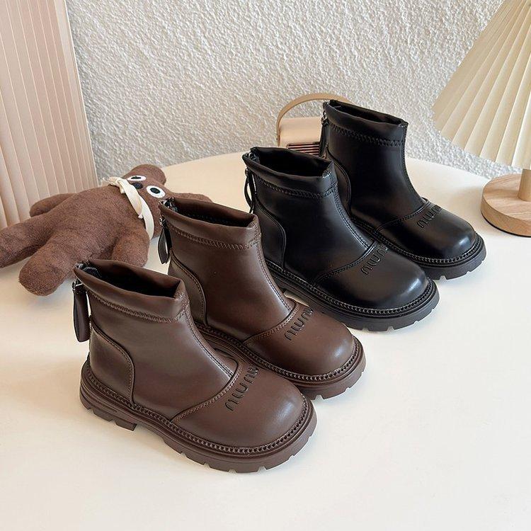 Girls' short boots 2025 autumn and winter new children's velvet warm short black leather boots women's treasure fashion Martin boots