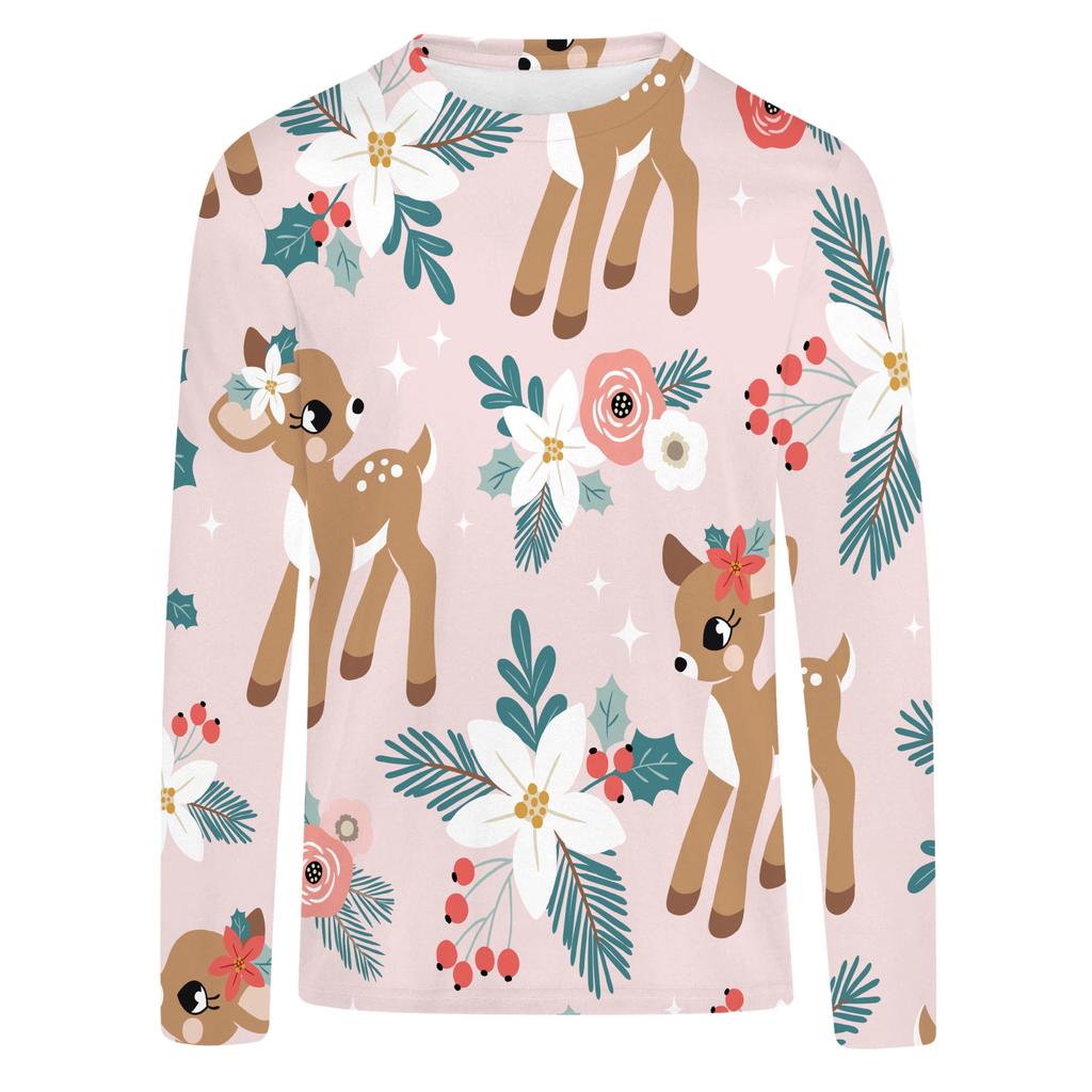 Spring and Autumn Cartoon Cute Sika Deer Pattern 3D Printed Top for Women's Casual Long Sleeve T-shirts