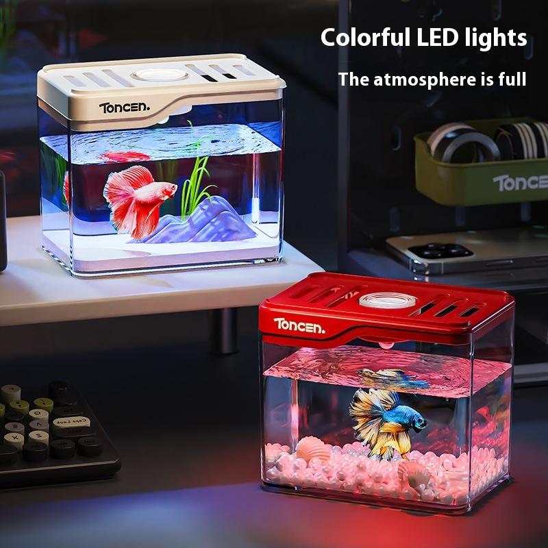 Kreatives Acryl-Aquarium Transparentes Mini-LED-Licht Kampffischbecken Zuchtbecken Atmungsaktives Becken Tischdekoration