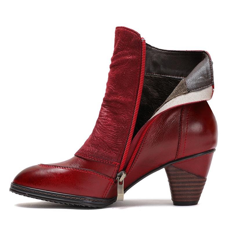 Johnature Patchwork Shoes Women Boots Genuine Leather Cloth Winter Retro Handmade Concise Round Toe Platform Boots