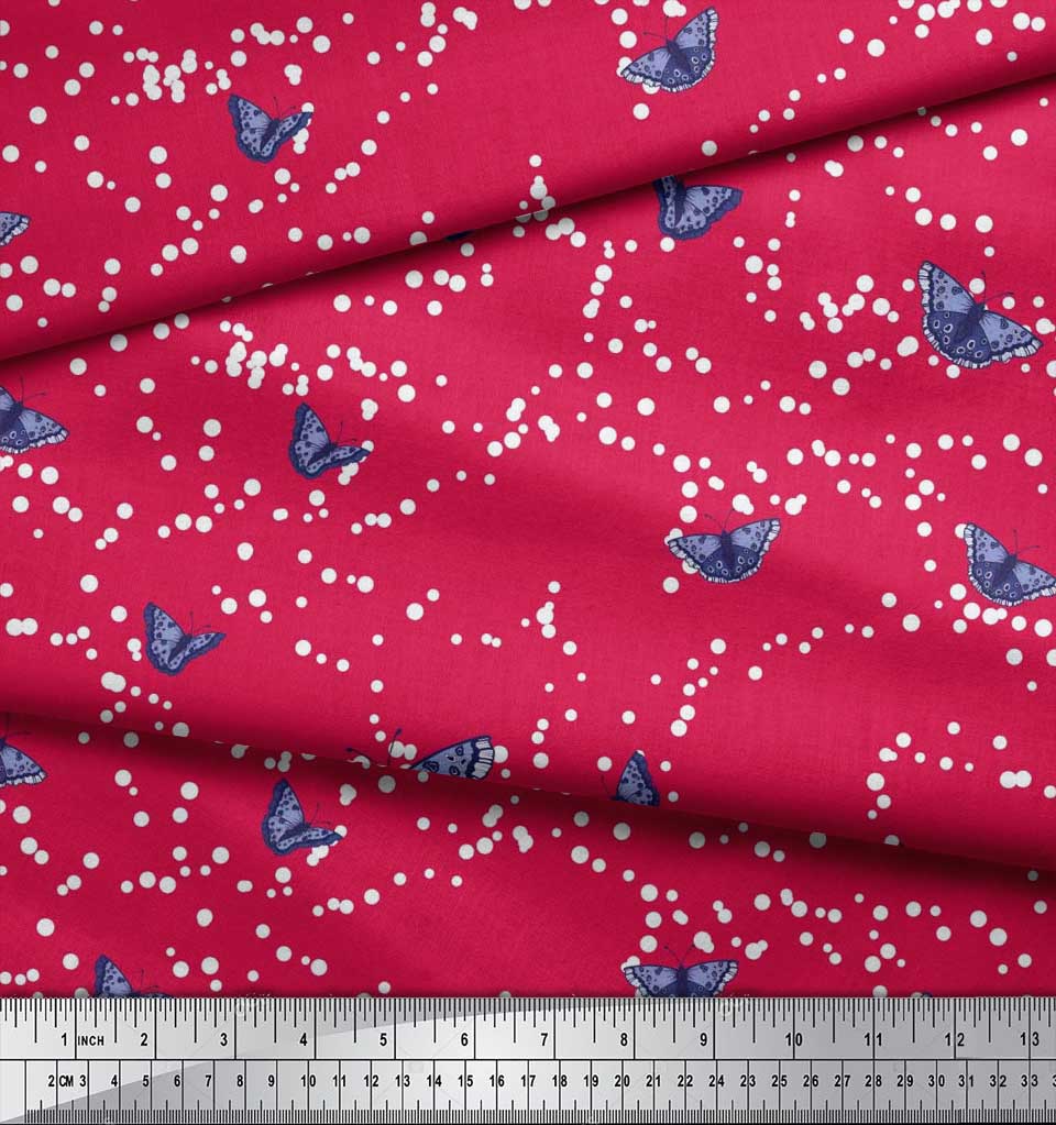 Soimoi Red Japan Crepe Satin Fabric Dot & Butterfly Print Fabric by the metre 42 Inch