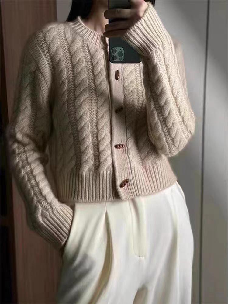 Women's Wool Cable Knit Cardigan Sweater - Autumn/Winter High-Waisted with Horn Button