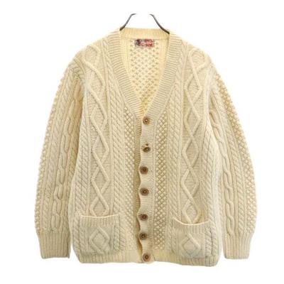 Cardigan cu mânecă lungă cu cabluri anii '80 tricot cu gât în V fildeș bărbați second-hand
