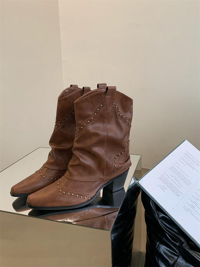 

британские ретро-сапоги в стиле рыцаря 2025 года с острыми носками и рукавами на среднем каблуке средней высоты с заостренным носком и тонкими модными ботинками 35 коричневый