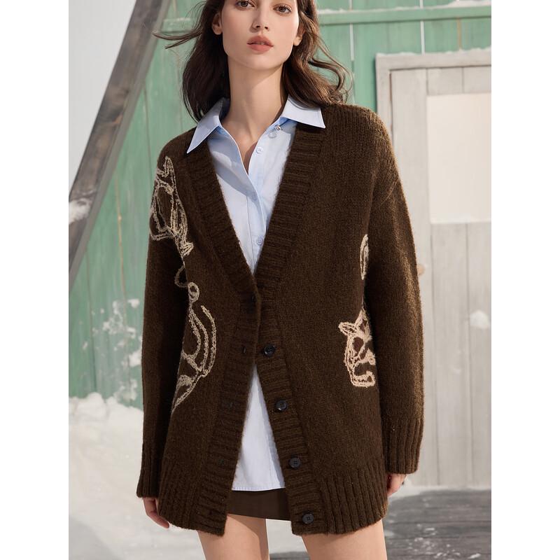 ELLE Women's Retro Embroidered V-Neck Knit Cardigan