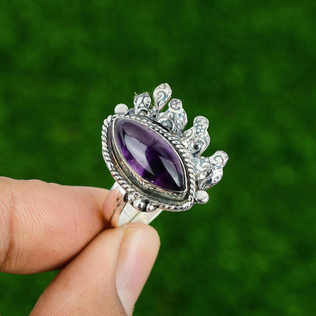 Natural Star Amethyst Gemstone Statement Purple Adjustable Ring 925 Silver
