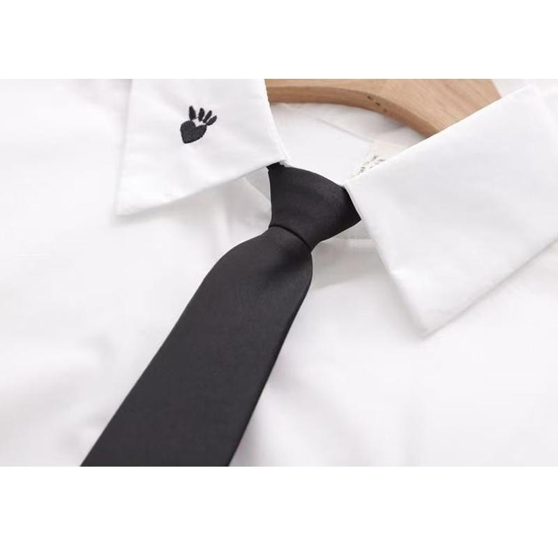 New Women's Tie Shirt, Autumn Long-sleeved White Shirt, Embroidered Shirt