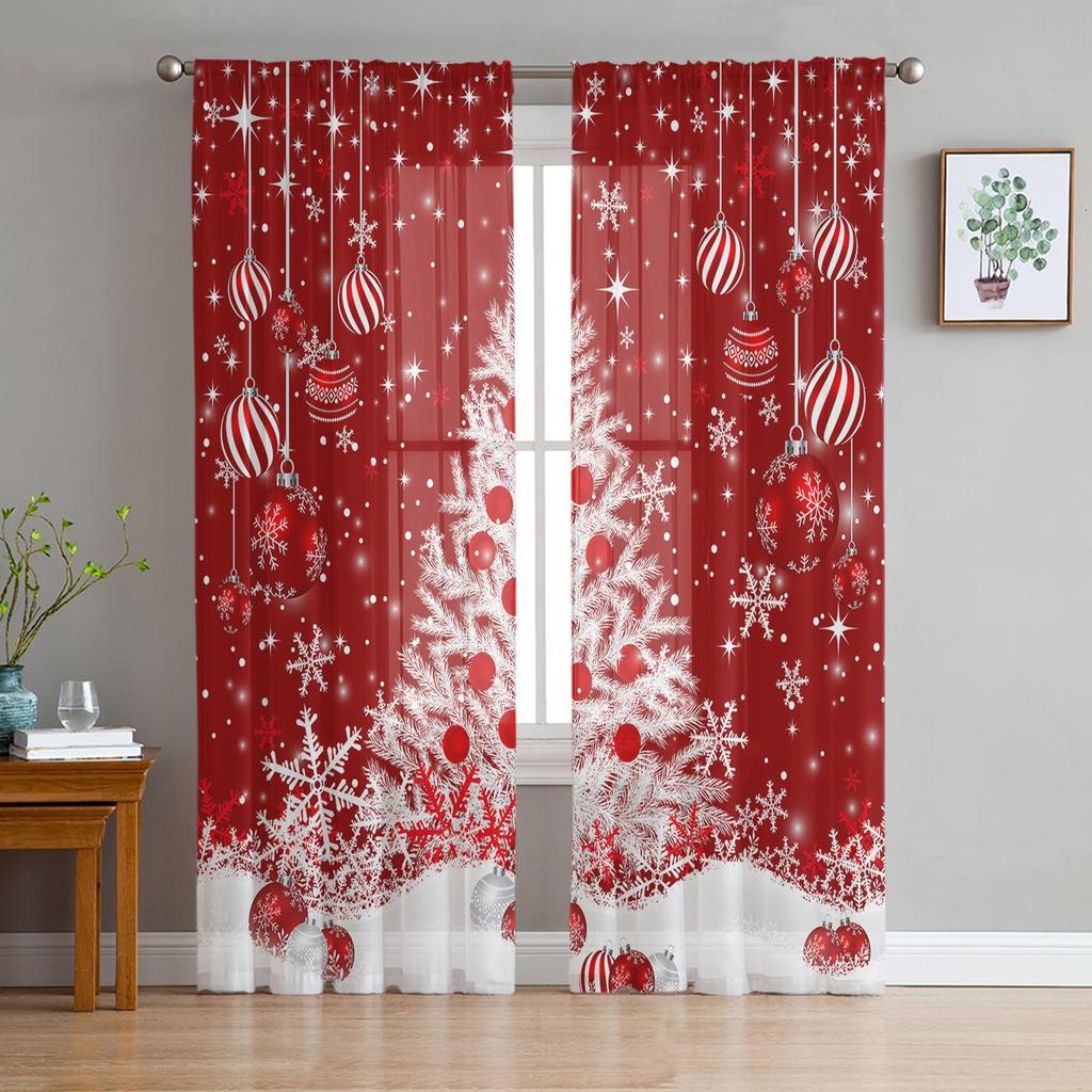 Winter Pink Christmas Ball Christmas Tree Snowflake Sheer Curtains Living Room Bedroom Kitchen Decor Window Voiles Tulle Curtain