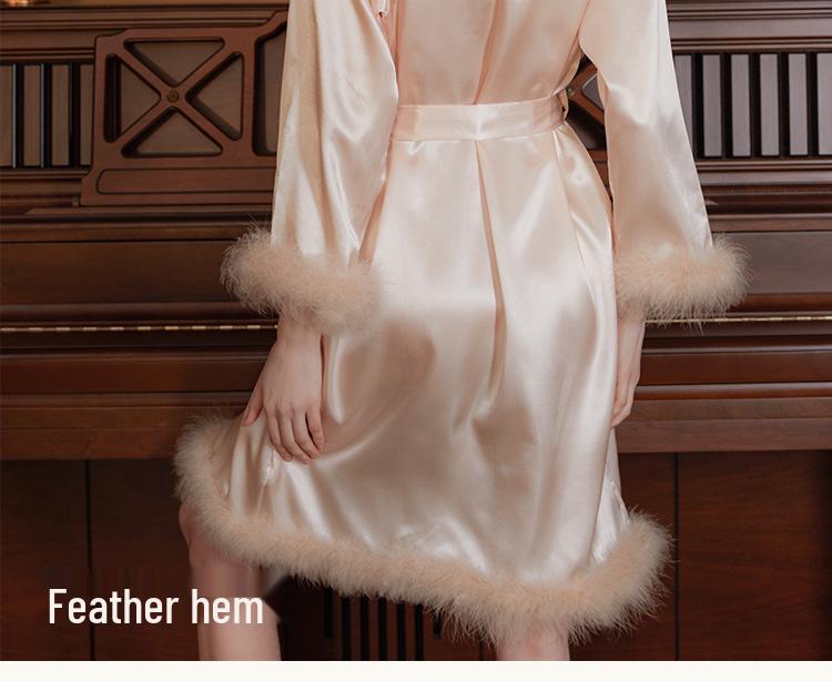 Bridal Feathered Satin Kimono Robe for Bridesmaids and Morning Prep