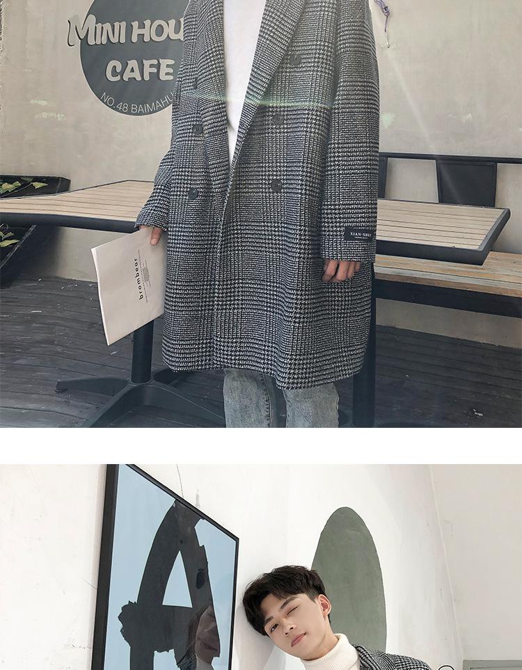 Men's Trendy Double-Breasted Plaid Wool Coat - Autumn/Winter Korean Style, Large Size Hong Kong Fashion