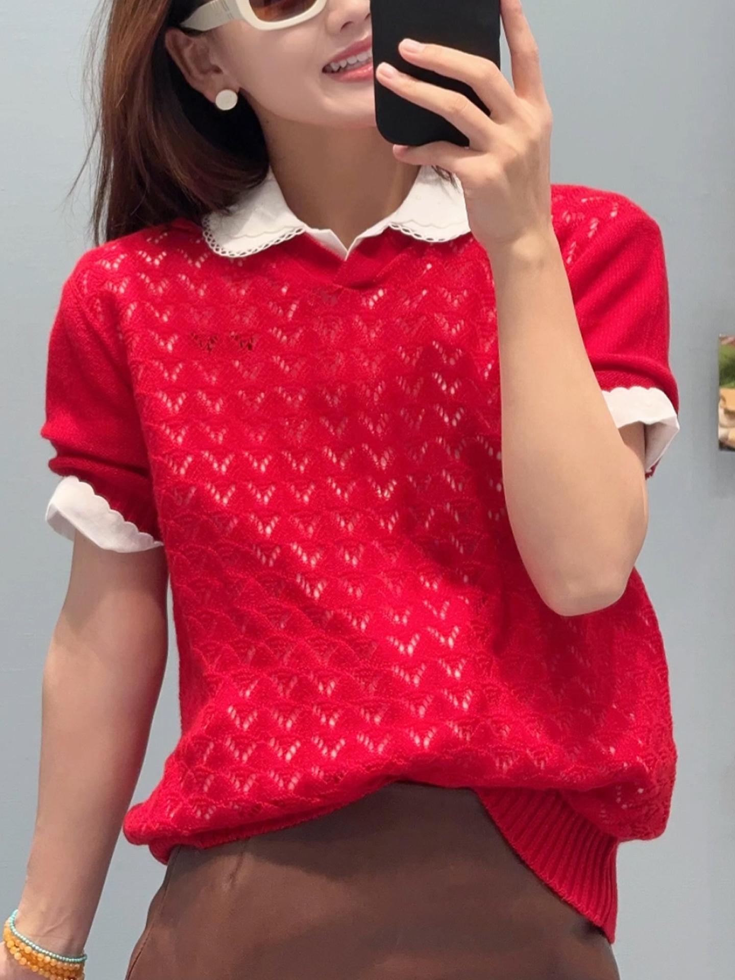 Large size red hollow lace splicing top women s spring 2026 new fashion trend temperament foreign style eye-catching S