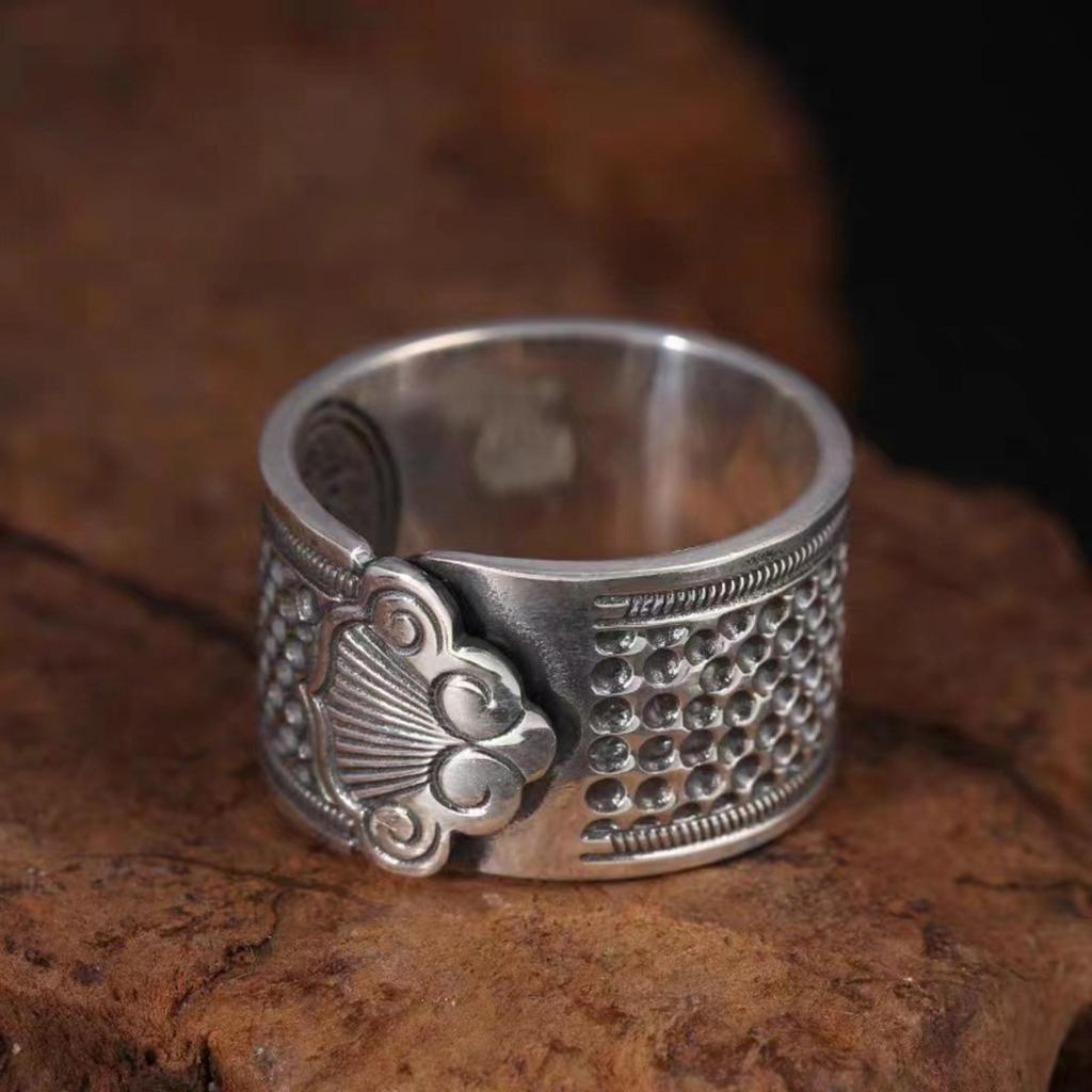 Men's Adjustable Open Thimble Ring Wide Band Vintage Style Textured Metal Ring for Casual Wear Durable and Unique Design Silver Tone