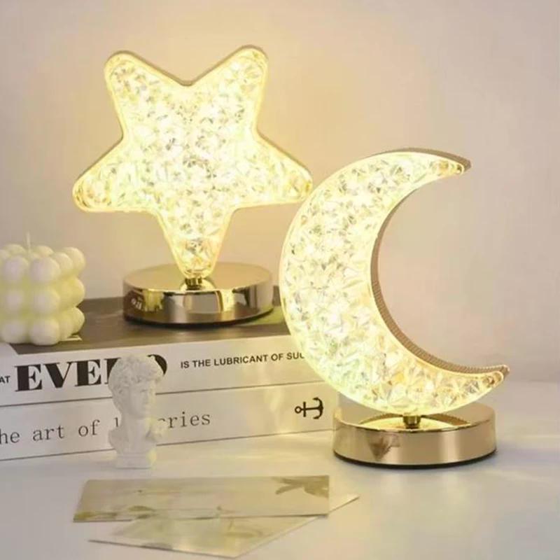 Moon Star Led Night Light Rechargeable Crystal Table Lamp Touch Switch Dimmable Ramadan Room Decor Ambient 3D Moon Lamp Eid Gift