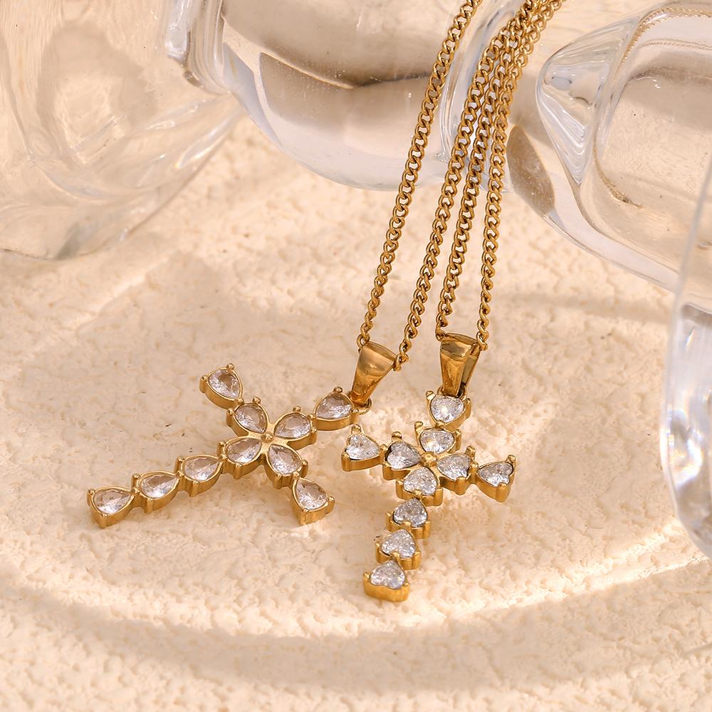 MamacitaSlay Classic Luxury Heart Water Drop Zircon Cross Pendant 1.8mm Chain Necklace Trendy Women's Stainless Steel Jewelry