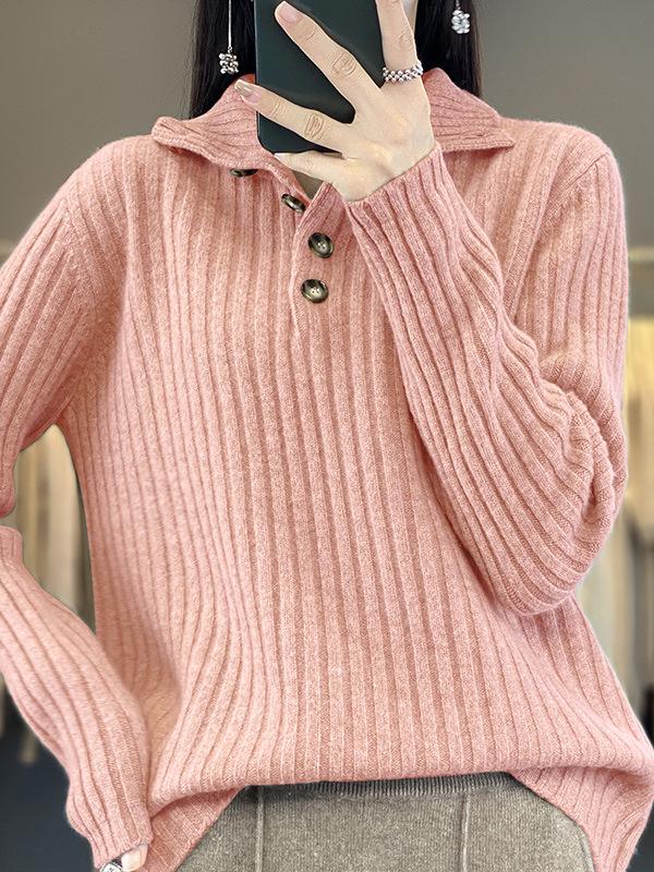 Women's Striped High Neck Wool Sweater - Half-Button, Slimming Fit, Autumn/Winter Knit Pullover