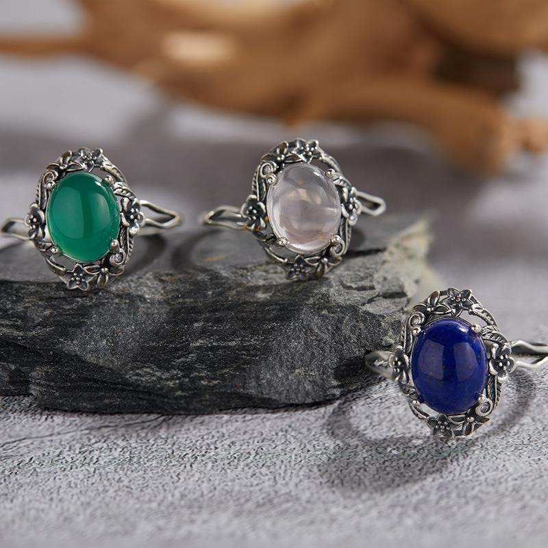 Anello Aperto in Argento Sterling S925 Cristallo Naturale Polvere d'Oro Blu Colore Calcedonio Argento Baotai Stile Etnico Retrò Femminile