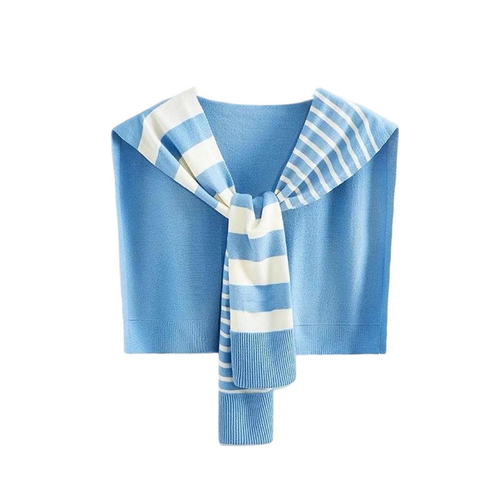 Ladies' Fashionable Shirt Draped Over A Shawl, Paired With A Striped Knitted Scarf
