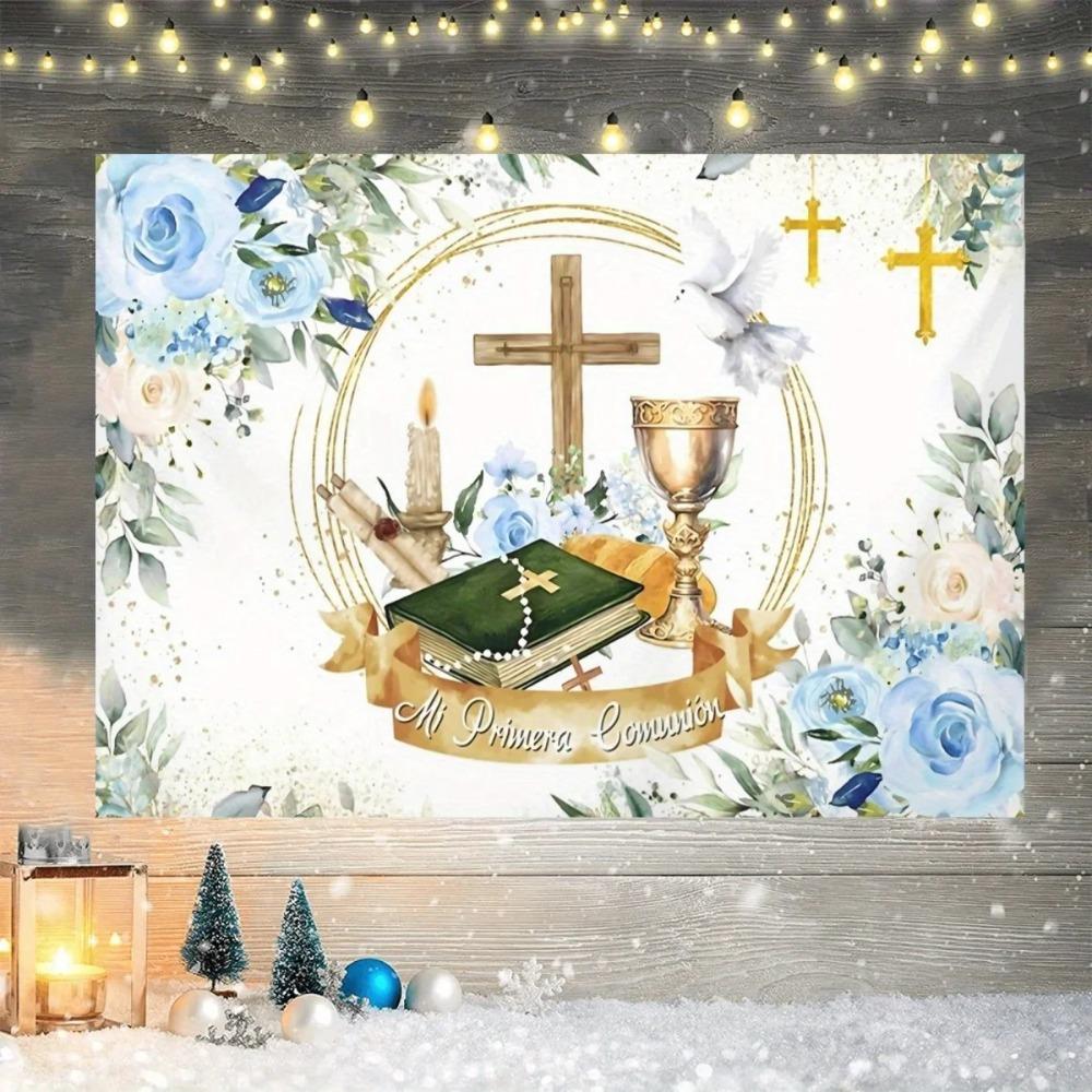 First Communion Religious Cross Holy Grail Theme Banner Background Children's Birthday Party Decoration Photography Background