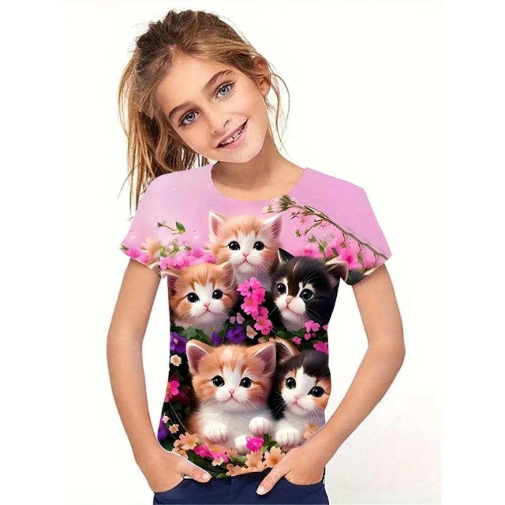 2025 Funny Animal Cat 3d Print Girls' T-Shirts Party Fashion Short Sleeved Tops Tee 2025 Casual T-Shirts Girls' Clothing