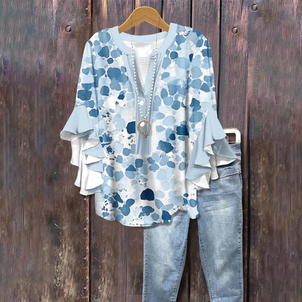 Summer Tops For Women Cute V Neck 3/4 Sleeve Blouses Floral Print Top Casual Shirts