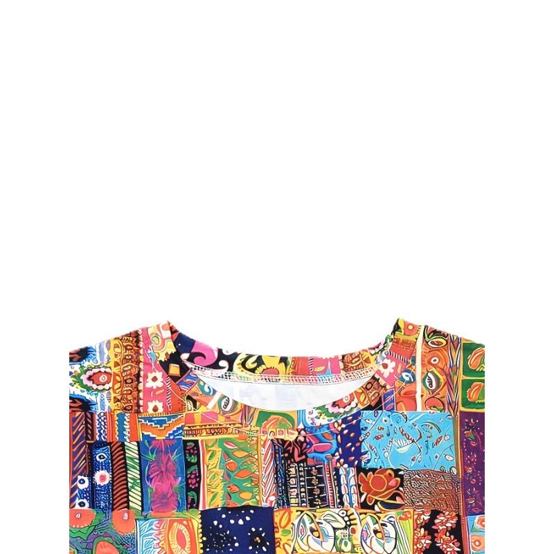 Lebhaftes Patchwork-Damen-T-Shirt - Boho Gemustertes Grafikdesign, Buntes Ethnisches Print-Design für Lässige Alltagsmode