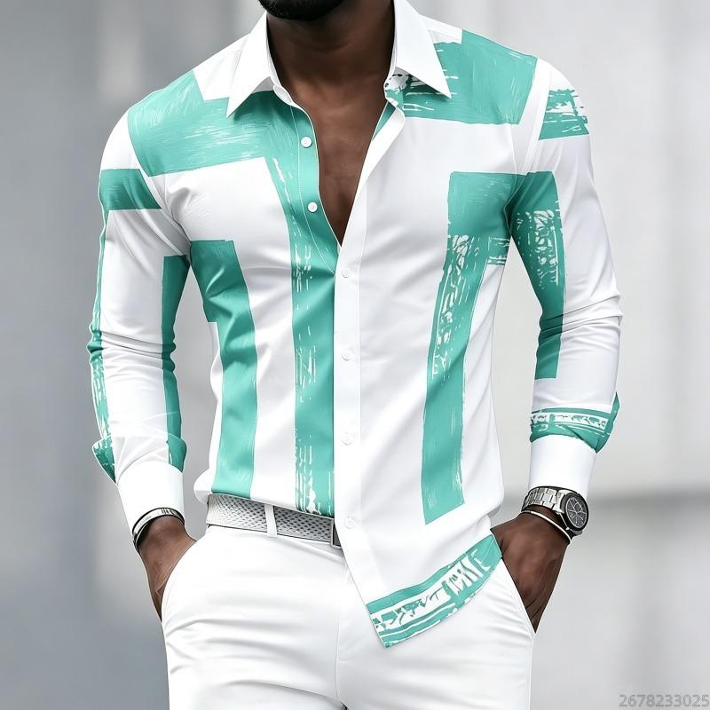 Men's Black and White Geometric Coarse Stripe Printed Long Sleeved Lapel Shirt, Retro Slim Fit Shirt, Trendy Casual Men's Top