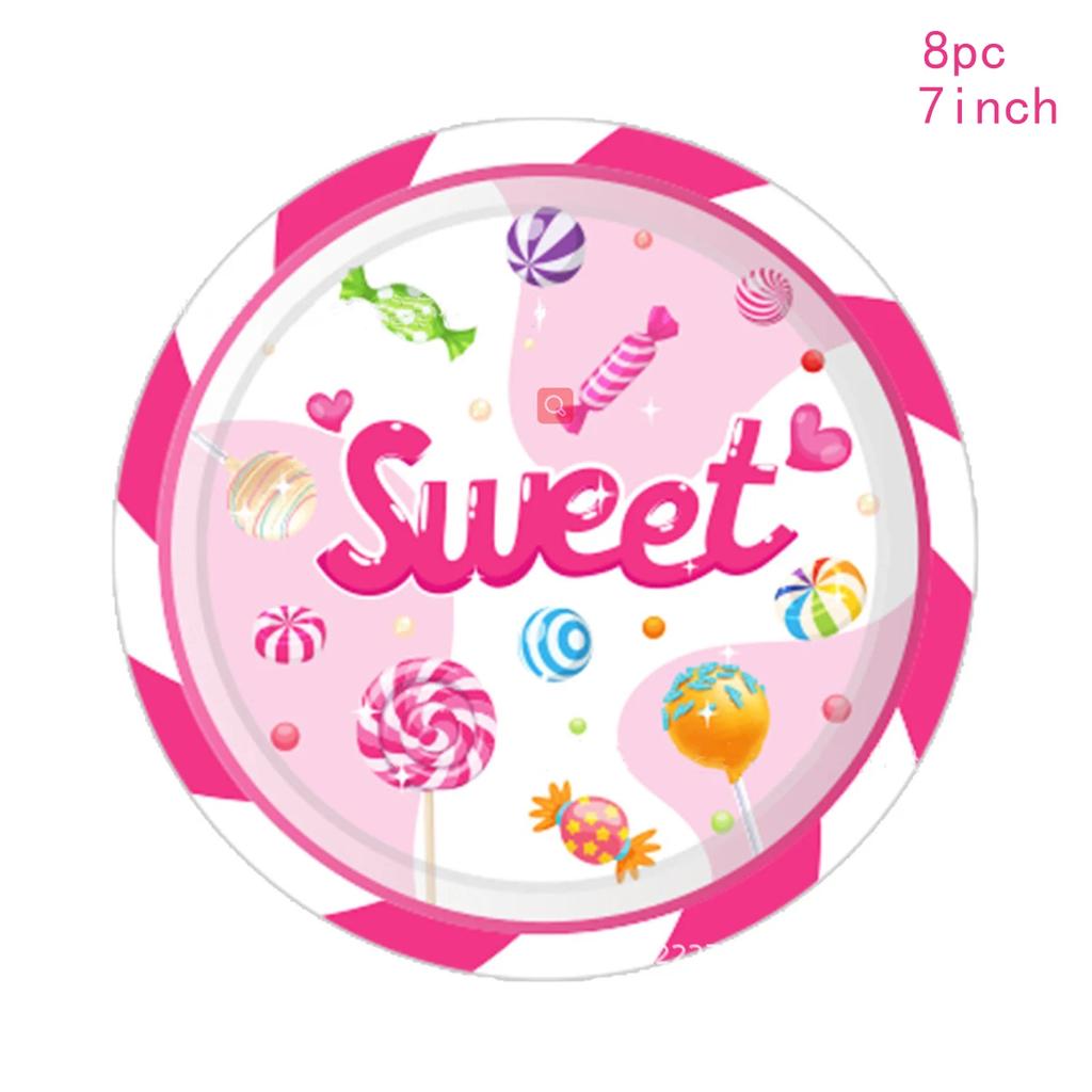 Sweet Candy Theme Party Disposable Tableware Pink Lollipop Plates Cups Napkins Kids Girls Happy Candy Birthday Party Supplies