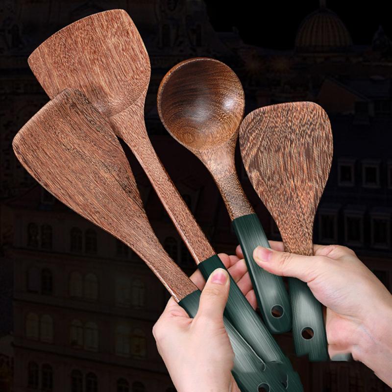 Neu! Kochgeschirrwerkzeuge aus Holz mit grünem Griff Antihaft Anti-Rutsch Löffel Spatel Küche Kochen
