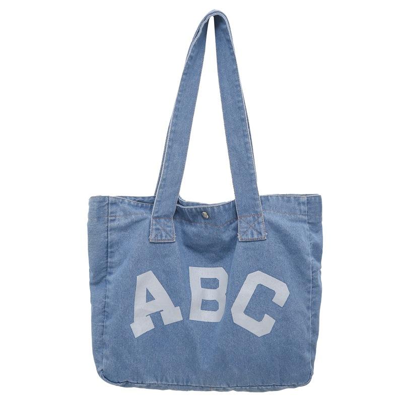 

Casual, Artsy, and Fashionable Tote Bag with Letter Print, Denim Shoulder Bag for Women светло-синий