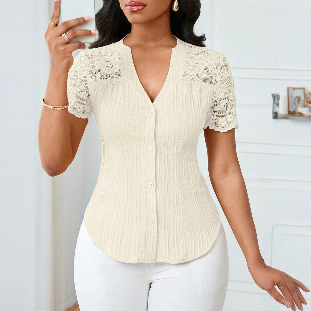 Women's Fashionable Versatile Single Breasted Color Slim Fit Embroidered Hollow Short Sleeved Top