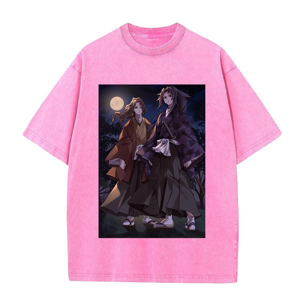 Tsugikuni Yoriichi Kokushibo Print T-shirt Demon Slayer Anime Clothing Men Cotton Tshirts Vintage Washed Tee T Shirt