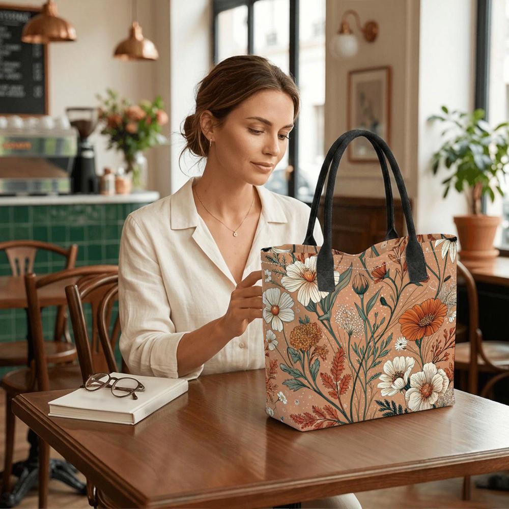  Floral Print Canvas Tote Bag Large Capacity Handbag for Daily Shopping Travel Casual Portable Women Shoulder Bag