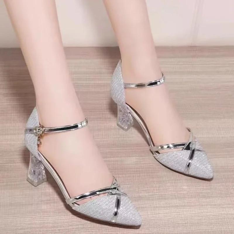 Fashion Sexy Gold Women Sandals Party High Heels Slip-On Solid for Ladies Quality Wedding Party Nightclub Sequin Buckle Shoes for Women