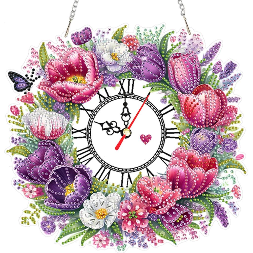 2D Flat DIY Wreath Irregular Shaped Drilling Diamond Painting Clock Pendant 5D Hanging Clock Art Craft for Home Decoration