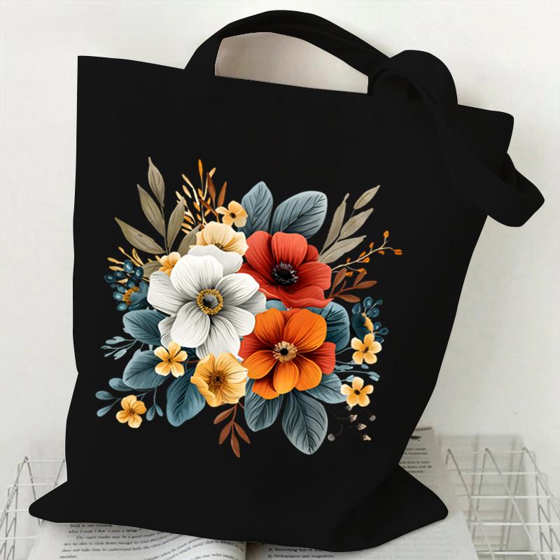 Elegant Wildflowers Aesthetic Canvas Handbag Reusable Floral Shopping Tote Bag for Women