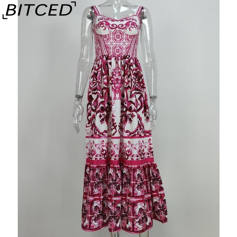 BITCED Spring Collection Bohemian-inspired Elegant Mid-Length Wide-Hem Printed Halter Neck Dress