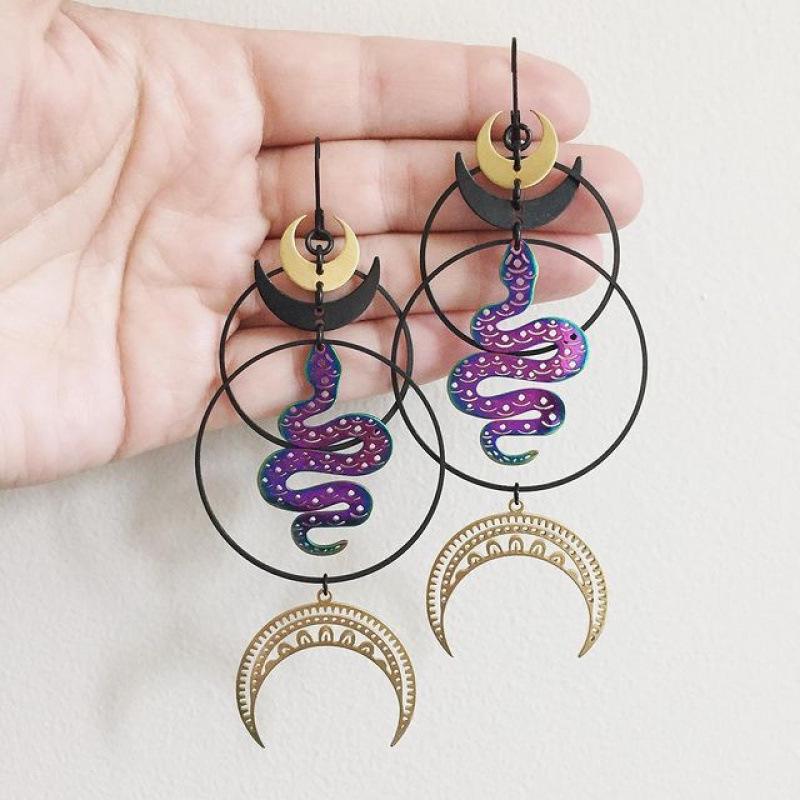 Jun'an Cross-Border E-commerce: Gold Moon Black Moon & Colorful Snake Statement Earrings