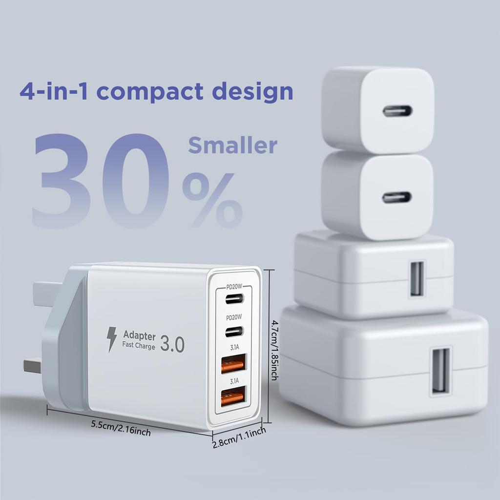 35W UK Wall Plug Multi-Port USB-C/USB-A Phone Adapter Wall Charger, Dual PD Fast Charging Block Fast Charger for