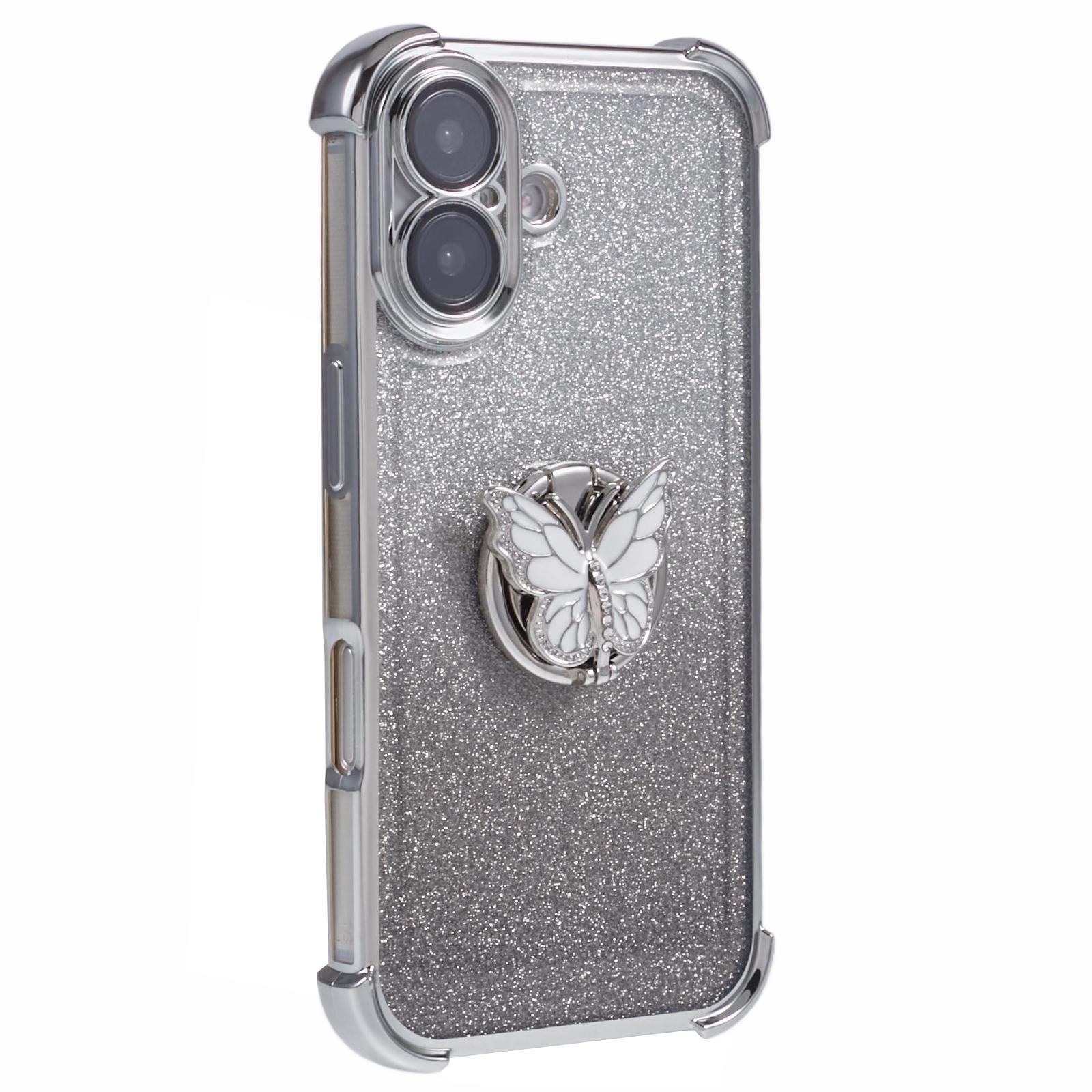 

For iPhone 16 Case Butterfly Kickstand Glitter TPU Shockproof Phone Cover - Blue