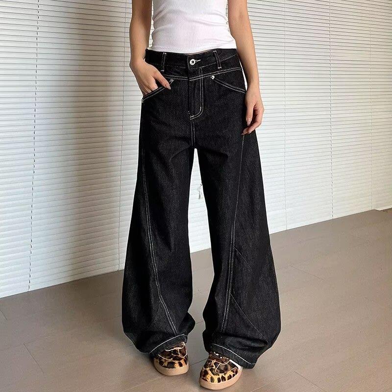 

Unisex Black Jeans - Loose Straight Leg, Versatile for Spring & Autumn, High Street Style S