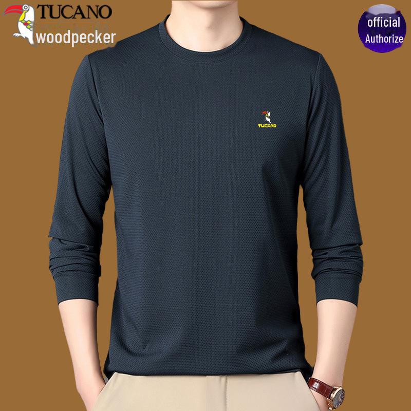 Woodpecker Men's Cotton Long-Sleeve T-Shirt for Midlife and Older - Spring/Autumn Base Layer