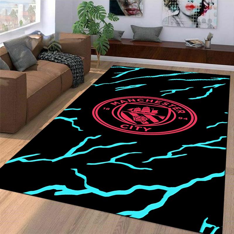 Alfombra con Logo del Manchester City con Rayas Azul Neón sobre Fondo Negro Adecuada para usar como antideslizante para sofás de sala de estar y dormitorio