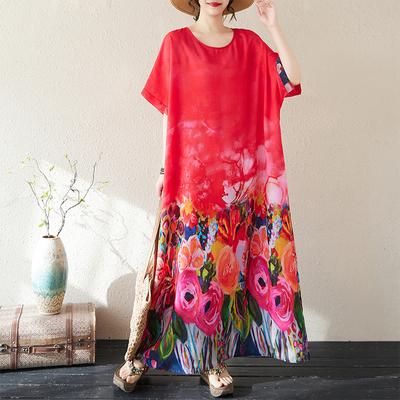 DIMANAF 2025 Summer Women Plus Size Loose Long Dress Beach Basic Casual Dress Vintage Floral Printing Holiday Dress