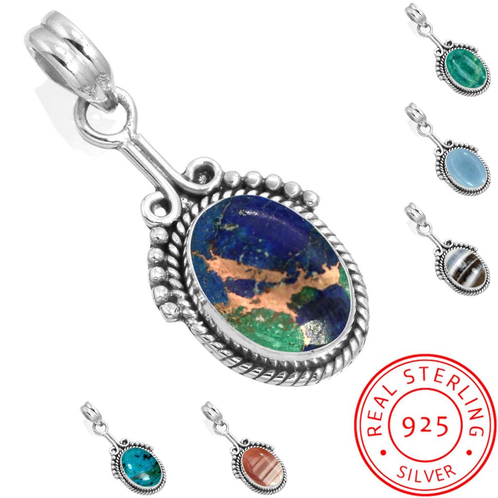 925 Sterling Silver Pendant Women Gemstone Handmade Jewelry Easter Gift Amazonite Angelite Blue Opal Botswana Agate Mohave Azurite Chrysocolla Fashion