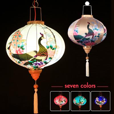 Retro Seidenlaternen Vietnam Japan Chinesische Traditionelle Laterne Schicke Pfauenmuster-Laterne Für Neujahr Frühlingsfest Deko