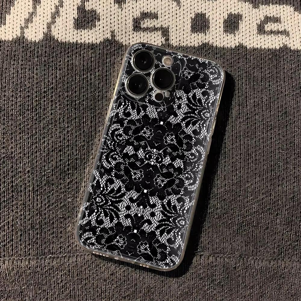 

Black Lace Print Clear Phone Case for iPhone 17 Pro Max 16 15 Pro 14 13 12 11 XR 17Air 16 Plus Silicone Cover iPhone 16 Plus