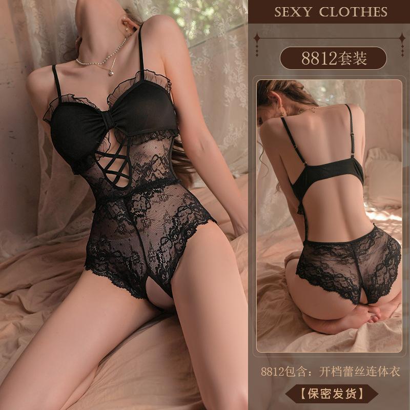 Original Erotic Underwear, sexy halter lace Seductive open-cut Jumpsuit, women's pajamas, see-through uniform 8812